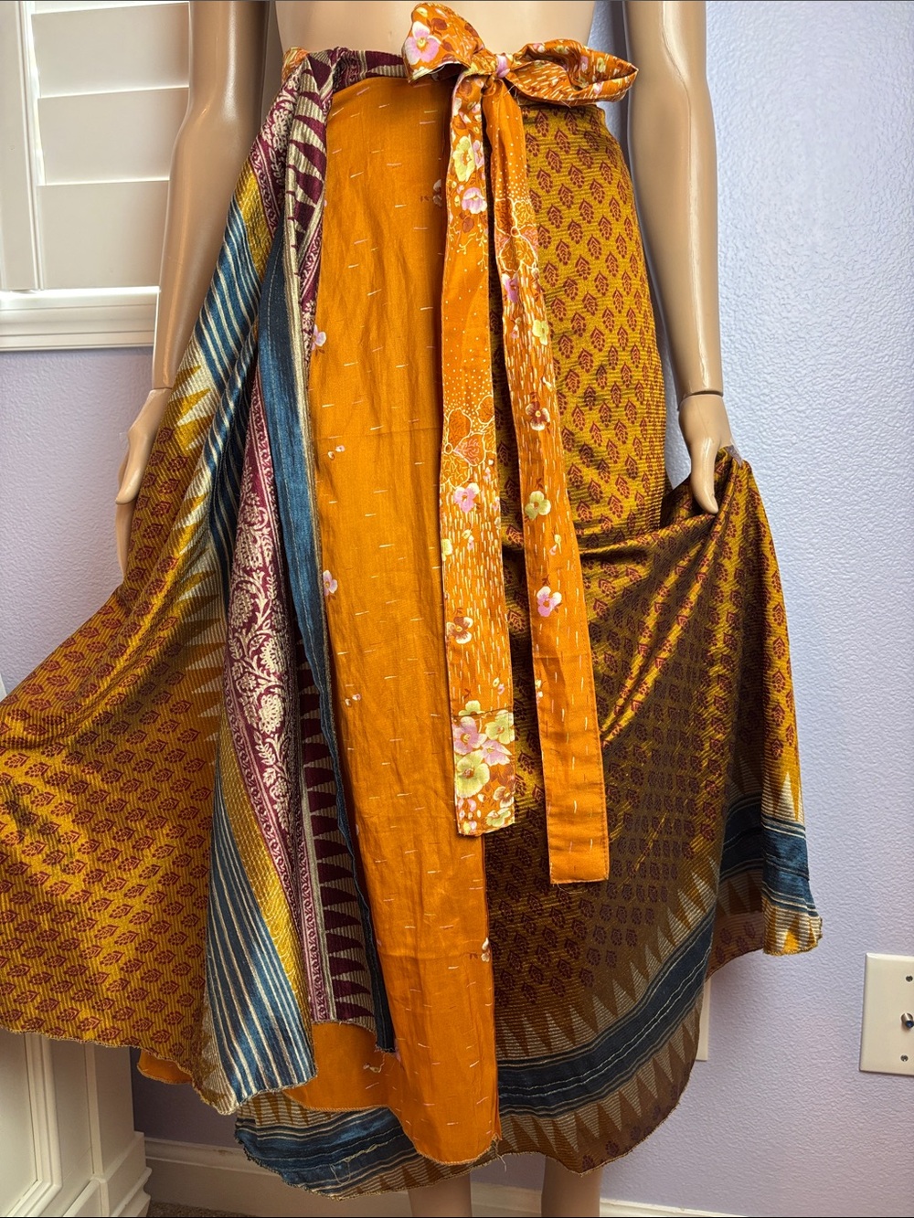 Upcycled Saree Bohemian Mustard Wraparound Skirt Double Layered